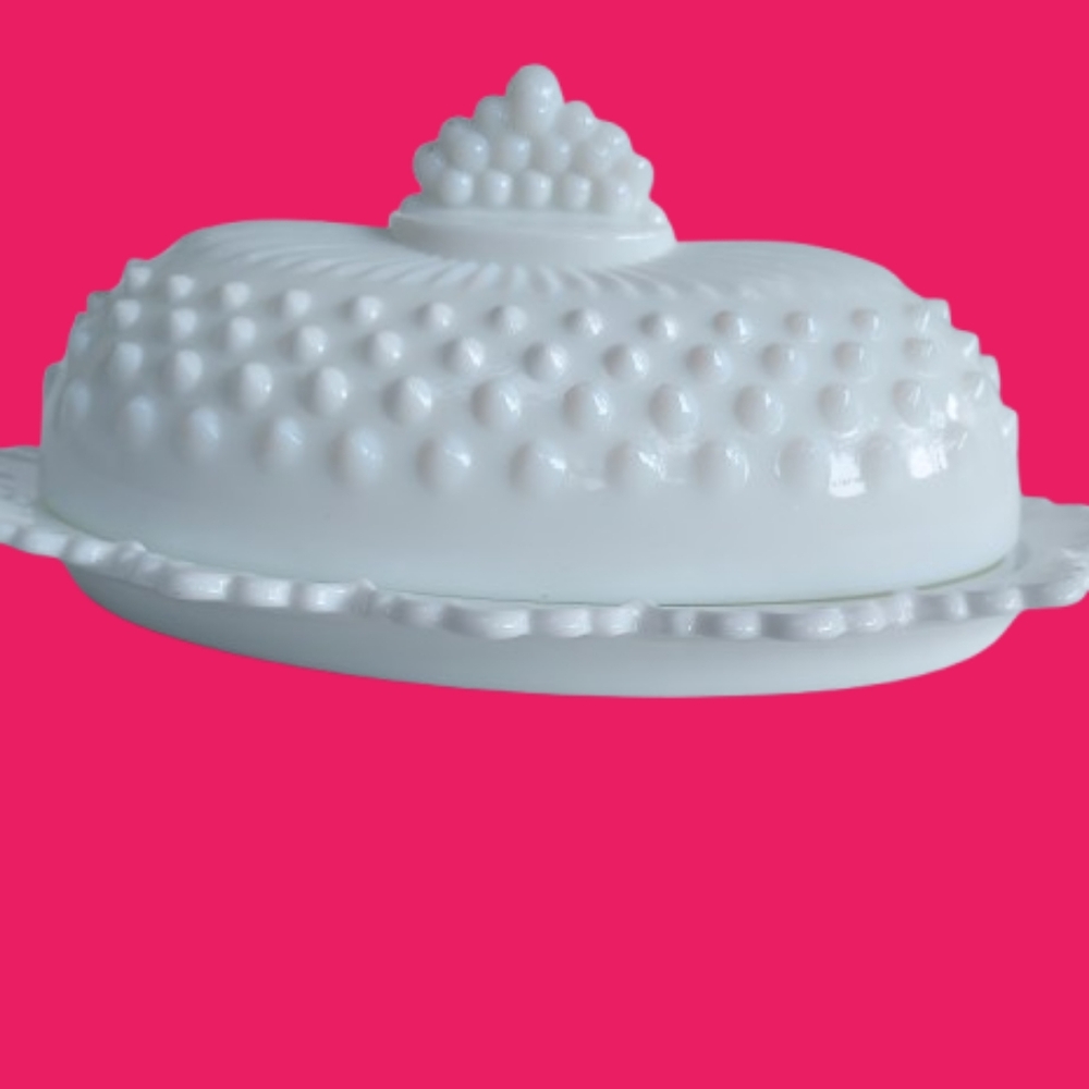 Vintage Milk Glass Butter Dish with Hobnail Detail VTG